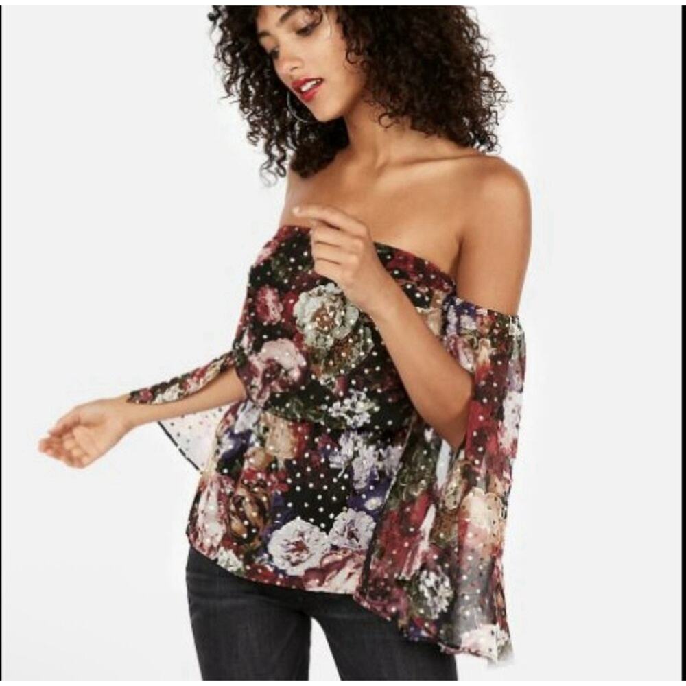 Express Boho Off the Shoulder Slit Sleeve Romantic Sheer Floral Blouse,Large NWT